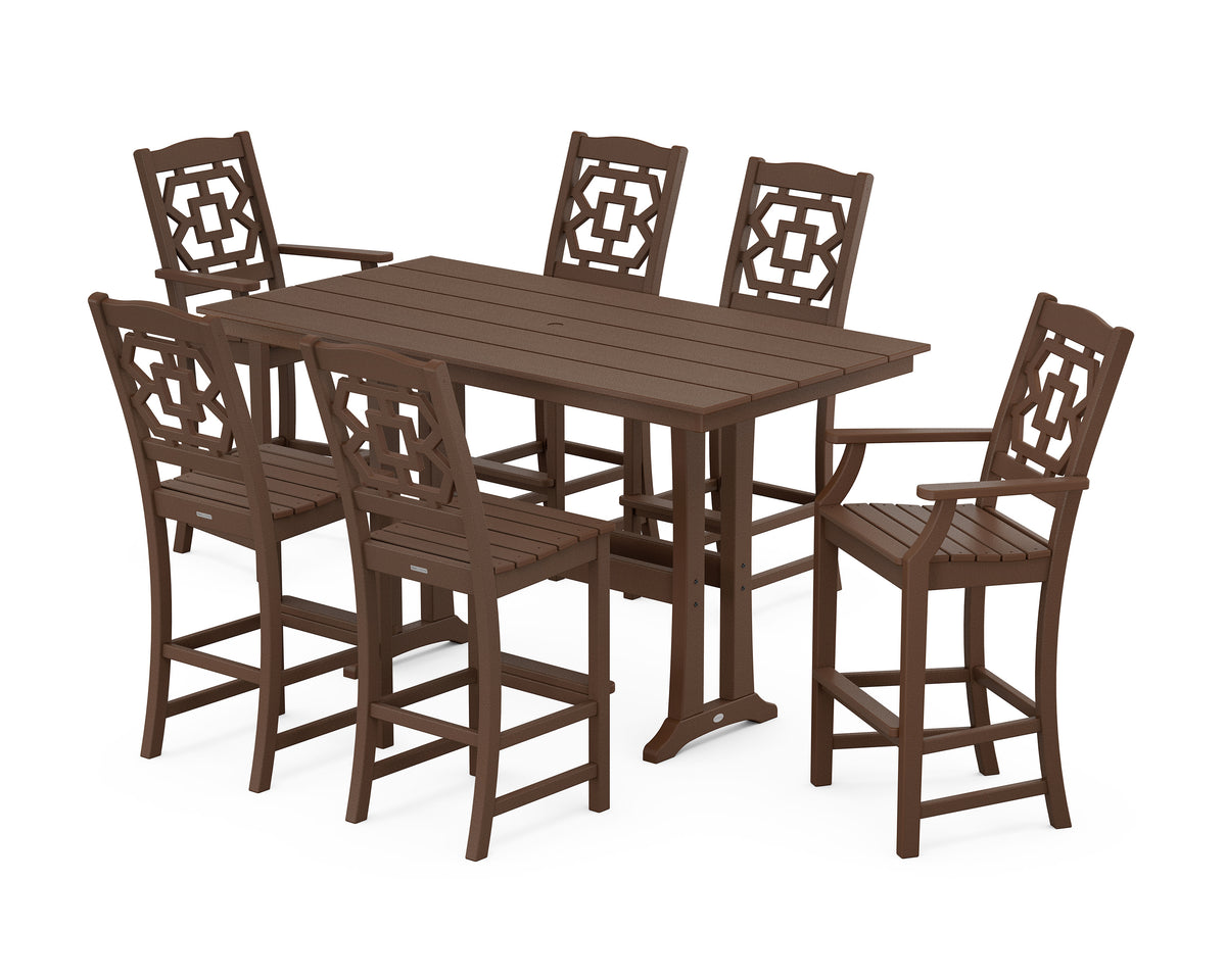 POLYWOOD Chinoiserie 7-Piece Farmhouse Bar Set with Trestle Legs in Mahogany