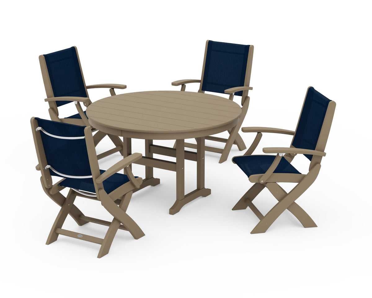 POLYWOOD Coastal Folding Chair 5-Piece Round Dining Set in Vintage Sahara / Navy Blue