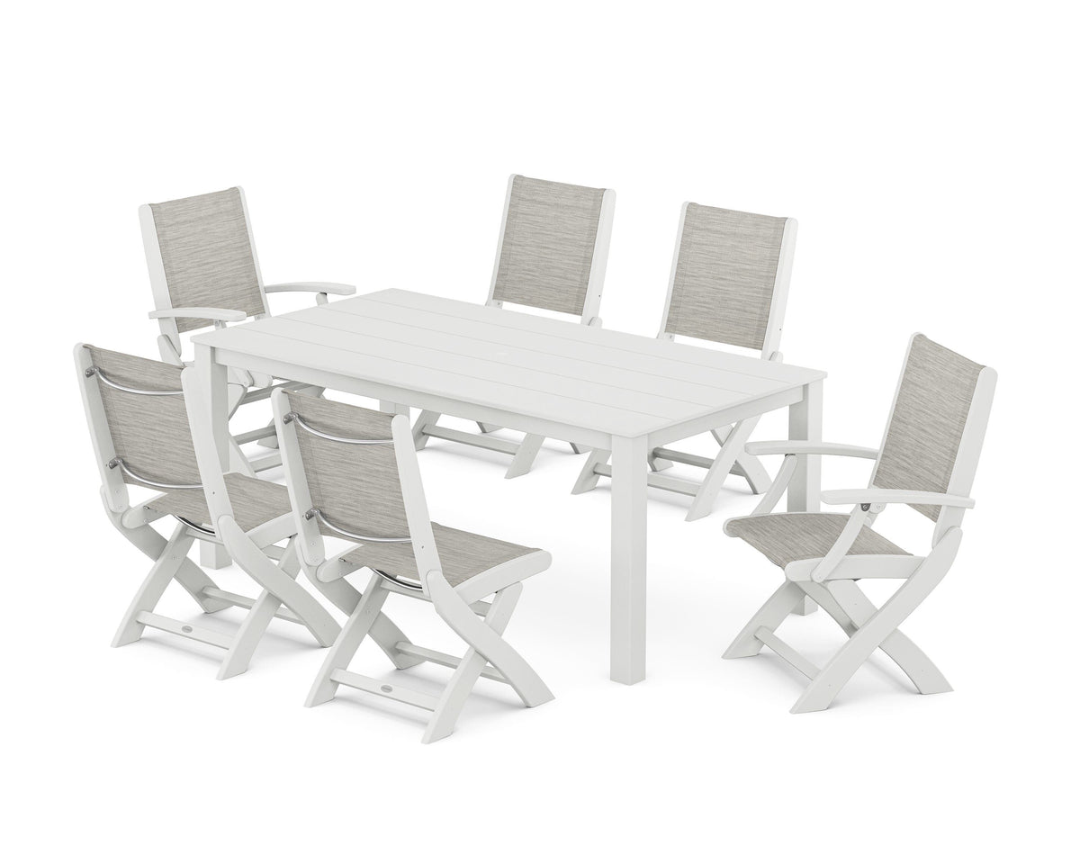 POLYWOOD Coastal Folding Chair 7-Piece Parsons Dining Set with Coastal Folding Side Chair in White / Birch