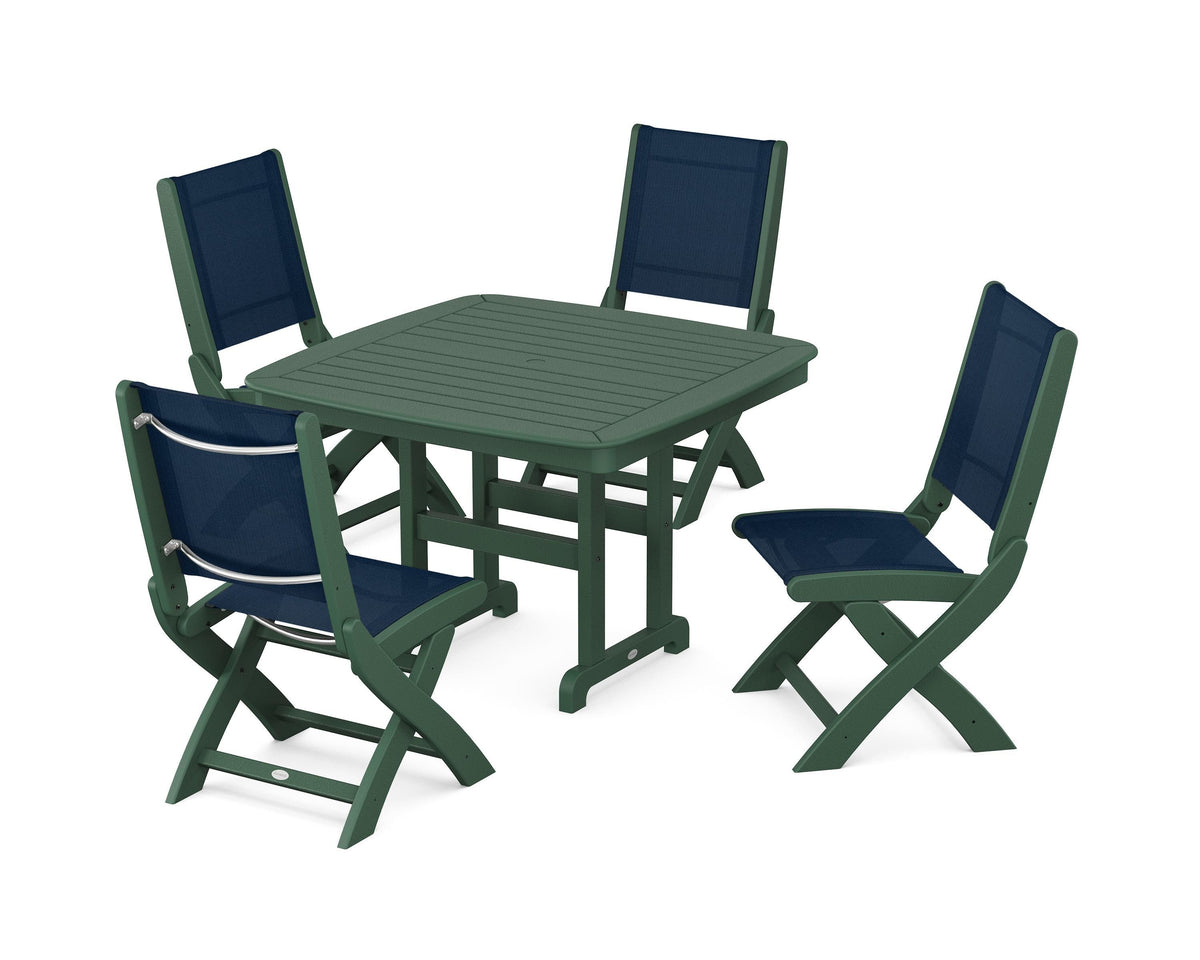 POLYWOOD Coastal Folding Side Chair 5-Piece Dining Set with Nautical 44" Dining Table in Green / Navy Blue