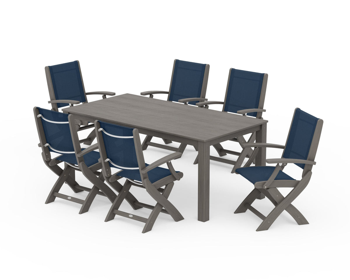 POLYWOOD Coastal Folding Chair 7-Piece Parsons Dining Set in Driftwood / Navy Blue