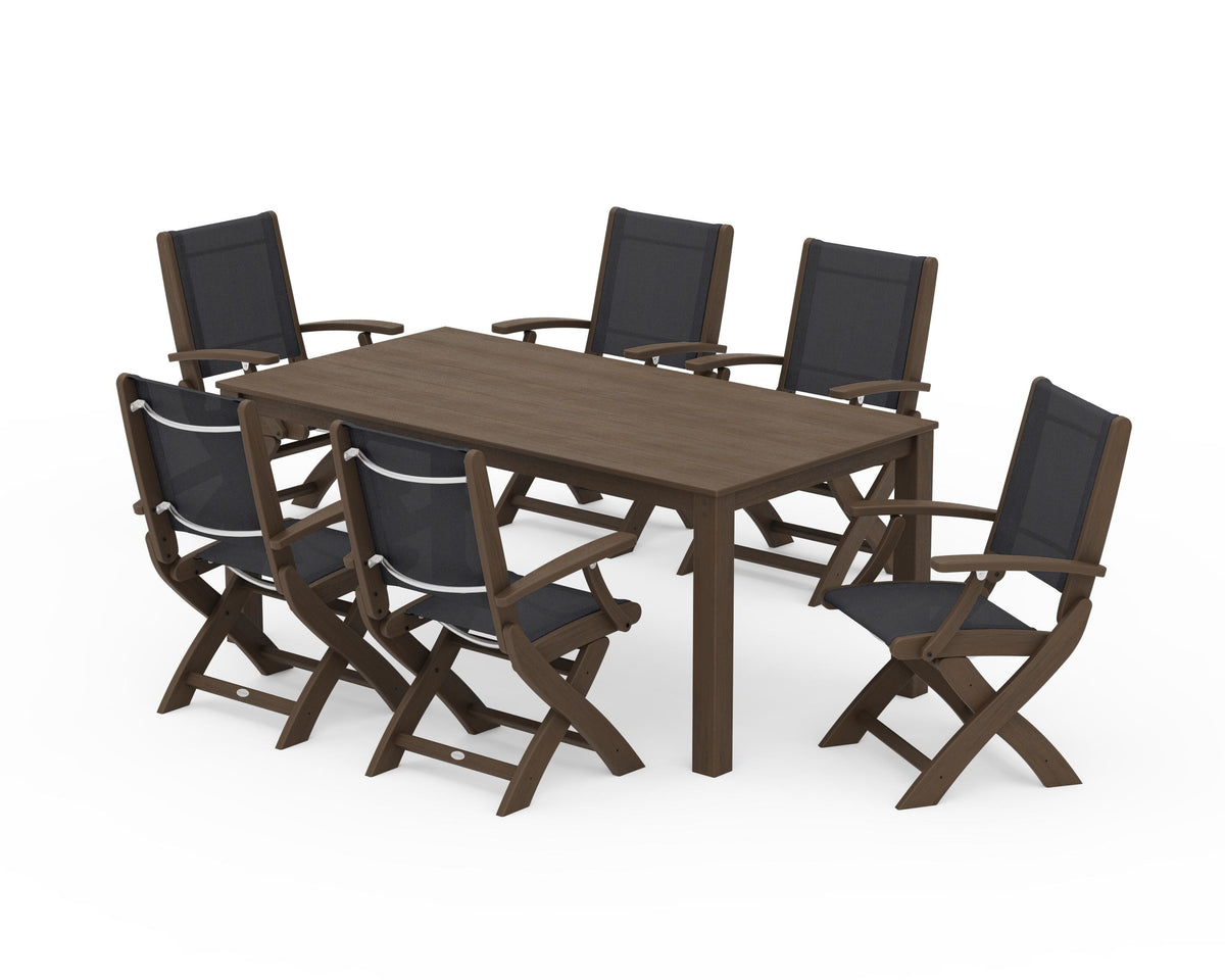 POLYWOOD Coastal Folding Chair 7-Piece Parsons Dining Set in Kona / Black