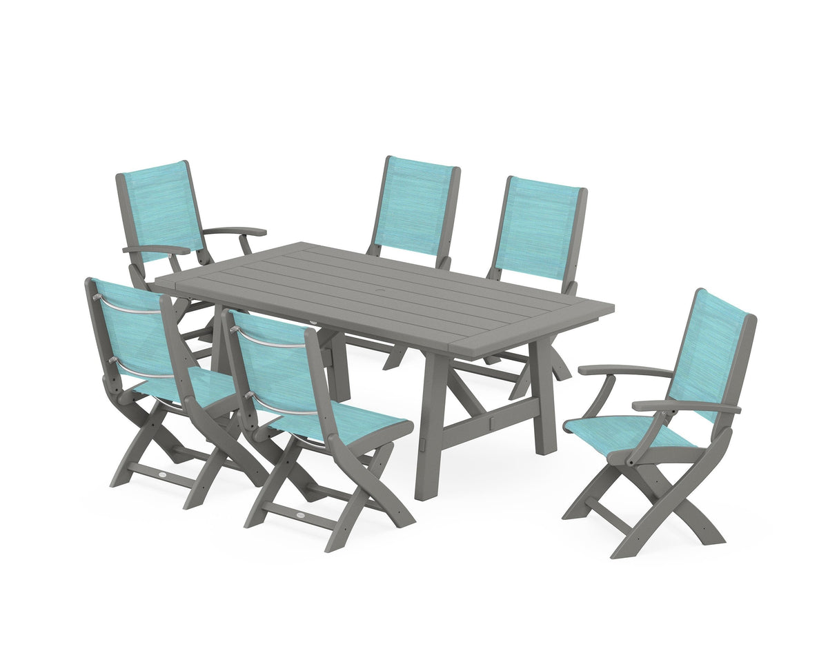 POLYWOOD Coastal Folding Chair 7-Piece Rustic Farmhouse Dining Set in Slate Grey / Dupioni Aquamarine