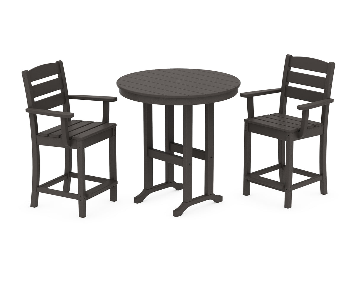 POLYWOOD Lakeside 3-Piece Round Farmhouse Arm Chair Counter Set in Vintage Coffee