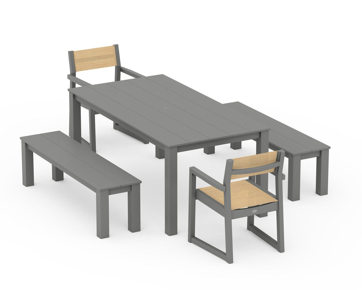 POLYWOOD EDGE Sling Arm Chair 5-Piece Parsons Dining Set with Benches in Slate Grey / Dupioni Apricot
