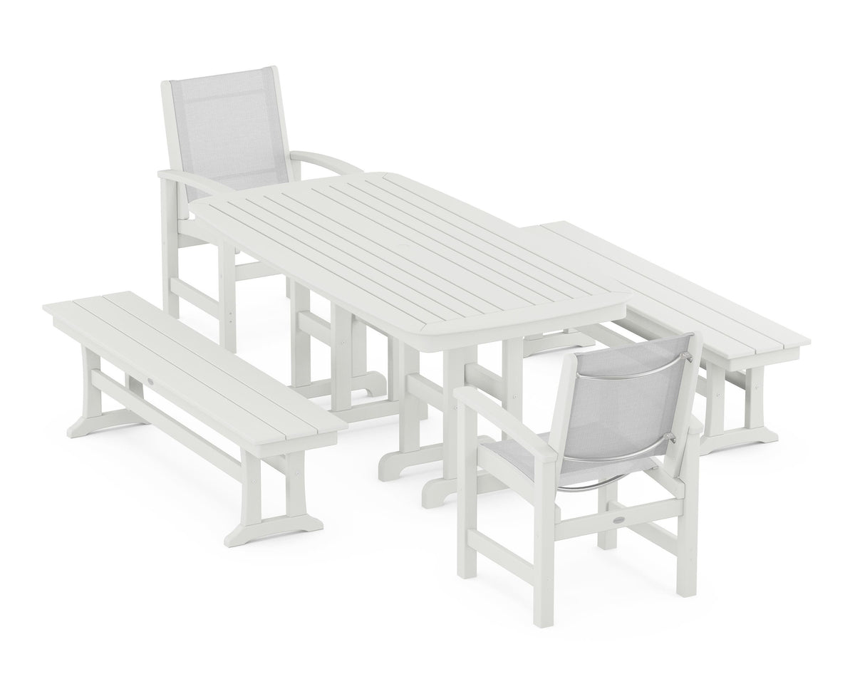 POLYWOOD Coastal 5-Piece Dining Set with Nautical 37" x 72" Dining Table in Vintage White / White