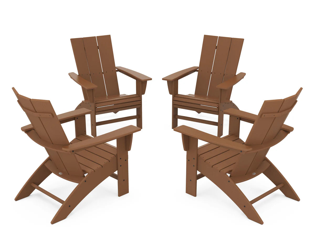 POLYWOOD 4-Piece Modern Curveback Adirondack Conversation Set in Teak
