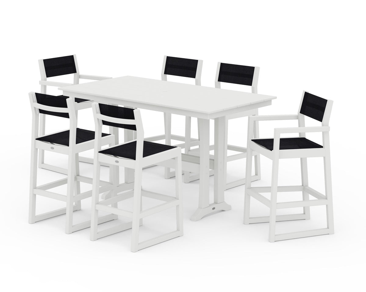 POLYWOOD EDGE Sling 7-Piece Farmhouse Bar Set with Trestle Legs in Vintage White / Black