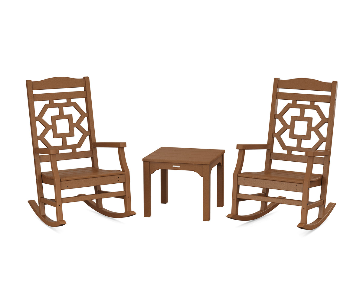 POLYWOOD Chinoiserie 3-Piece Rocking Chair Set in Teak