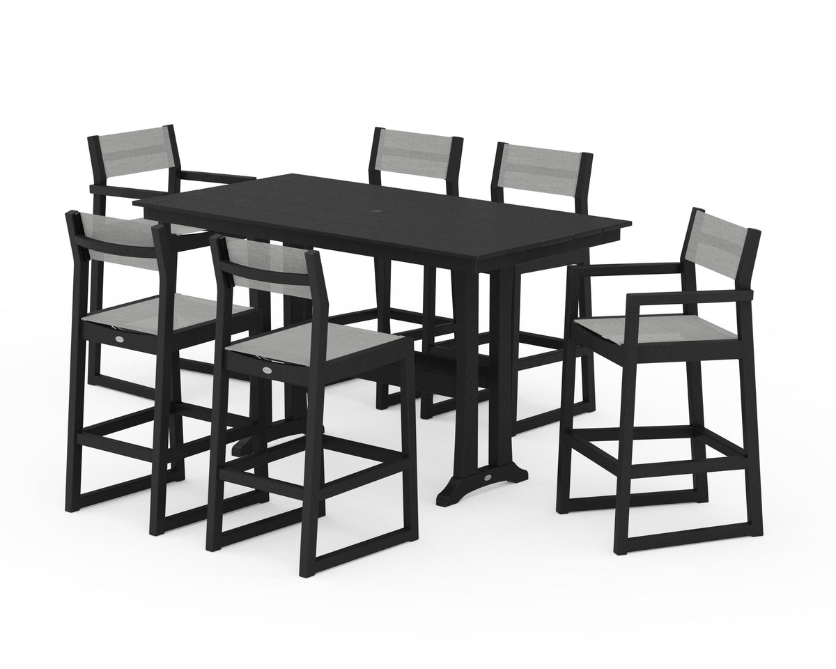 POLYWOOD EDGE Sling 7-Piece Farmhouse Bar Set with Trestle Legs in Black / Metallic