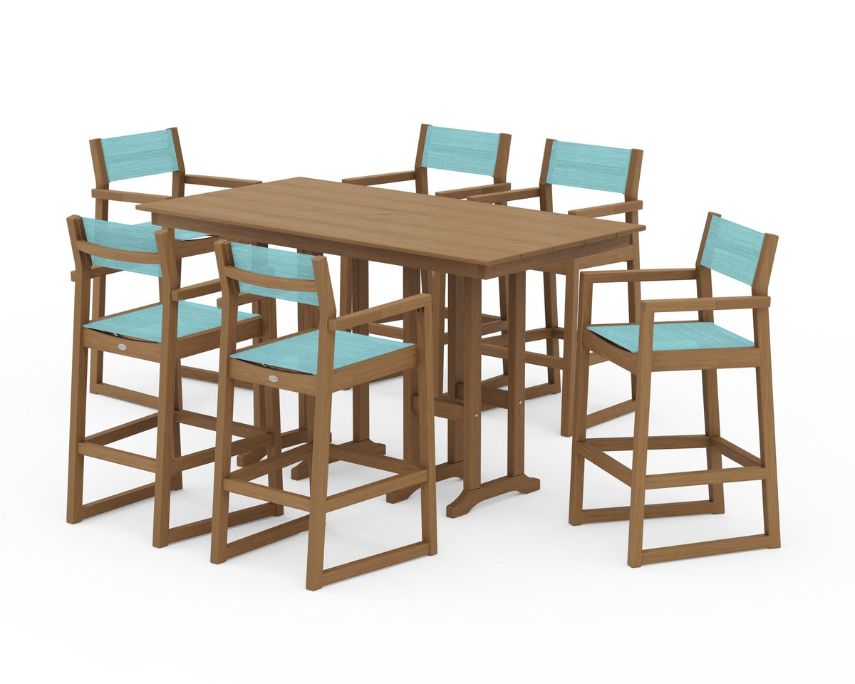 POLYWOOD EDGE Sling Arm Chair 7-Piece Farmhouse Bar Set in Natural / Dupioni Aquamarine
