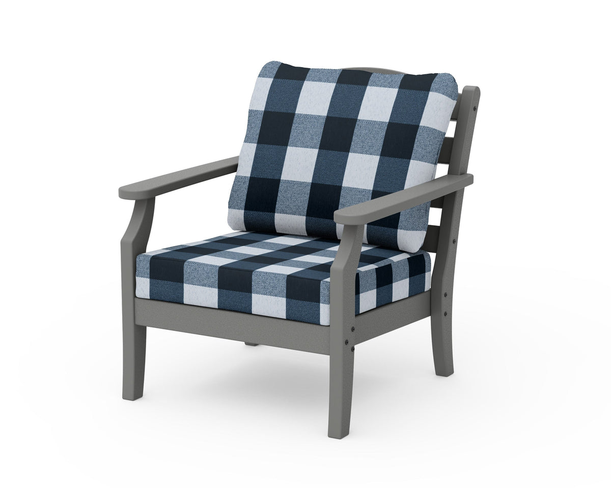 POLYWOOD Savannah Deep Seating Chair in Slate Grey / Buffalo Plaid Marine Indigo
