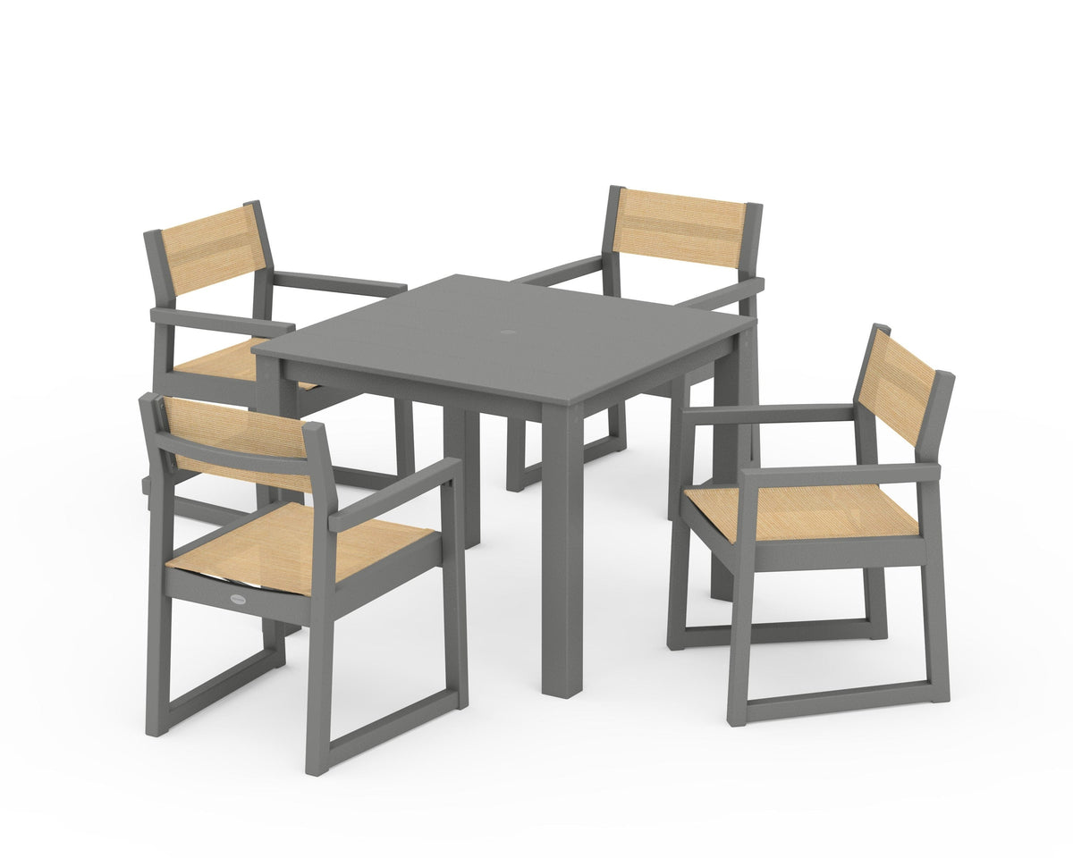 POLYWOOD EDGE Sling Arm Chair 5-Piece Parsons Dining Set in Slate Grey / Dupioni Apricot