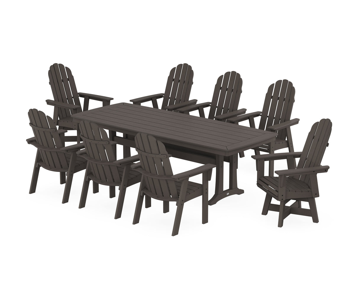 POLYWOOD Vineyard Curveback Adirondack Swivel 9-Piece Dining Set with Trestle Legs in Vintage Coffee