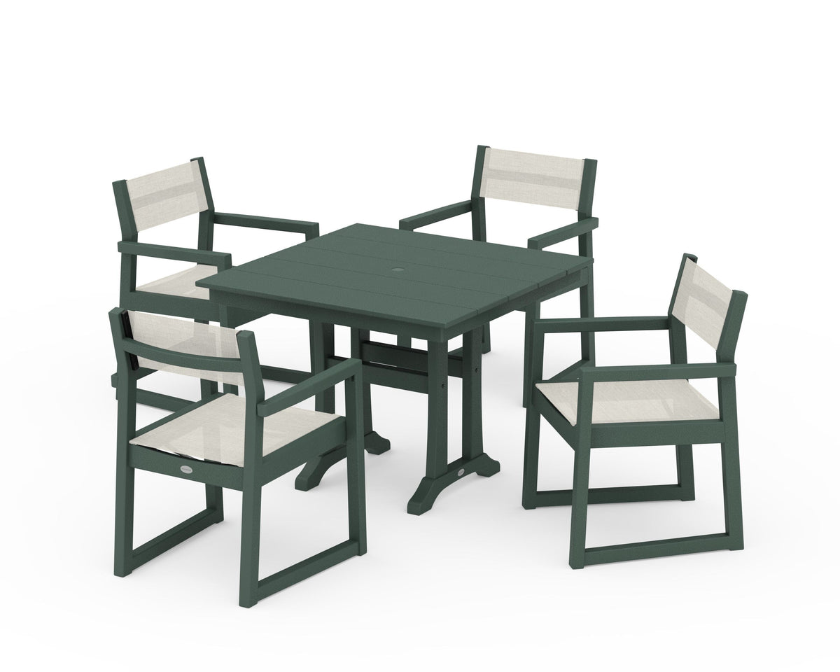 POLYWOOD EDGE Sling 5-Piece Farmhouse Dining Set with Trestle Legs in Green / Parchment