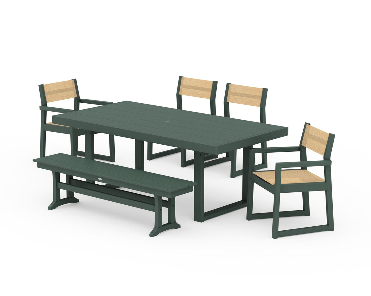 POLYWOOD EDGE Sling 6-Piece Dining Set with Bench in Green / Dupioni Apricot