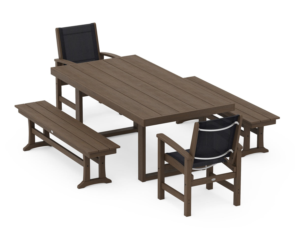 POLYWOOD Coastal 5-Piece Dining Set with Trestle Legs with EDGE 40" x 78" Dining Table in Kona / Black