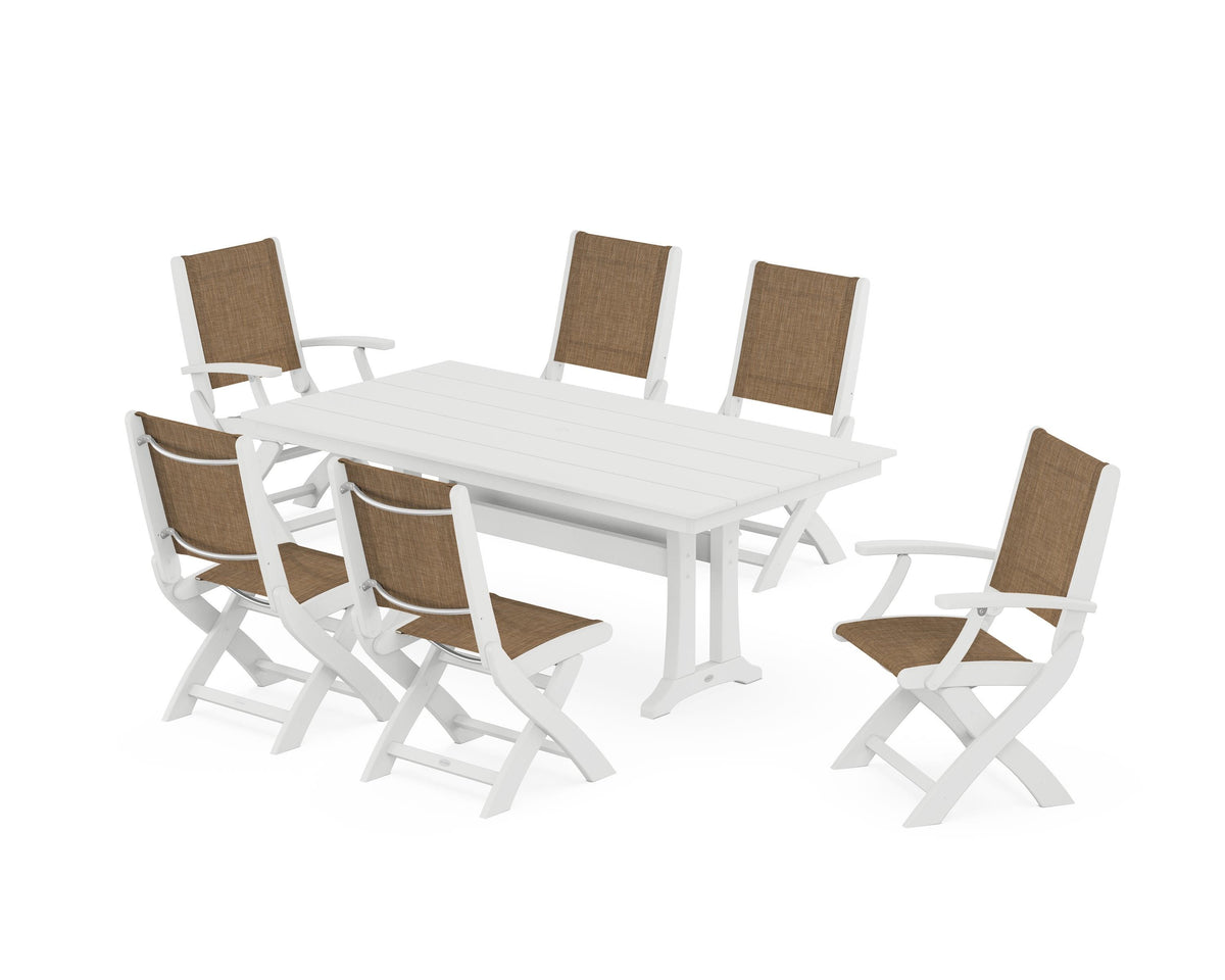 POLYWOOD Coastal Folding Chair 7-Piece Farmhouse Dining Set with Trestle Legs in White / Burlap