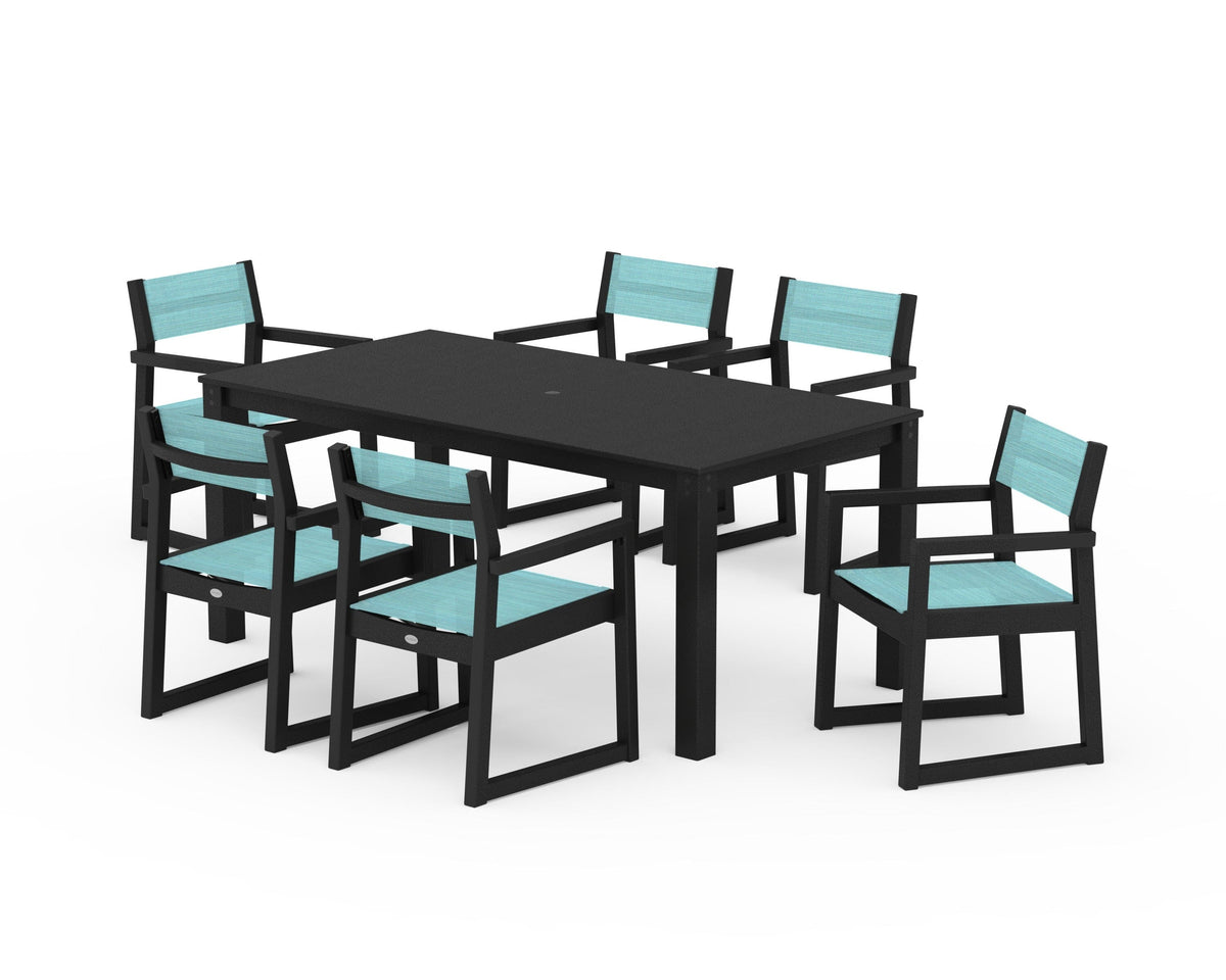 POLYWOOD EDGE Sling Arm Chair 7-Piece Parsons Dining Set in Black / Dupioni Aquamarine