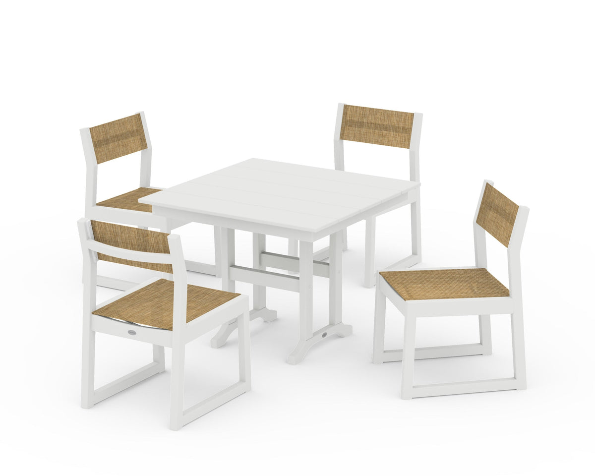 POLYWOOD EDGE Sling Side Chair 5-Piece Farmhouse Dining Set in Vintage White / Burlap