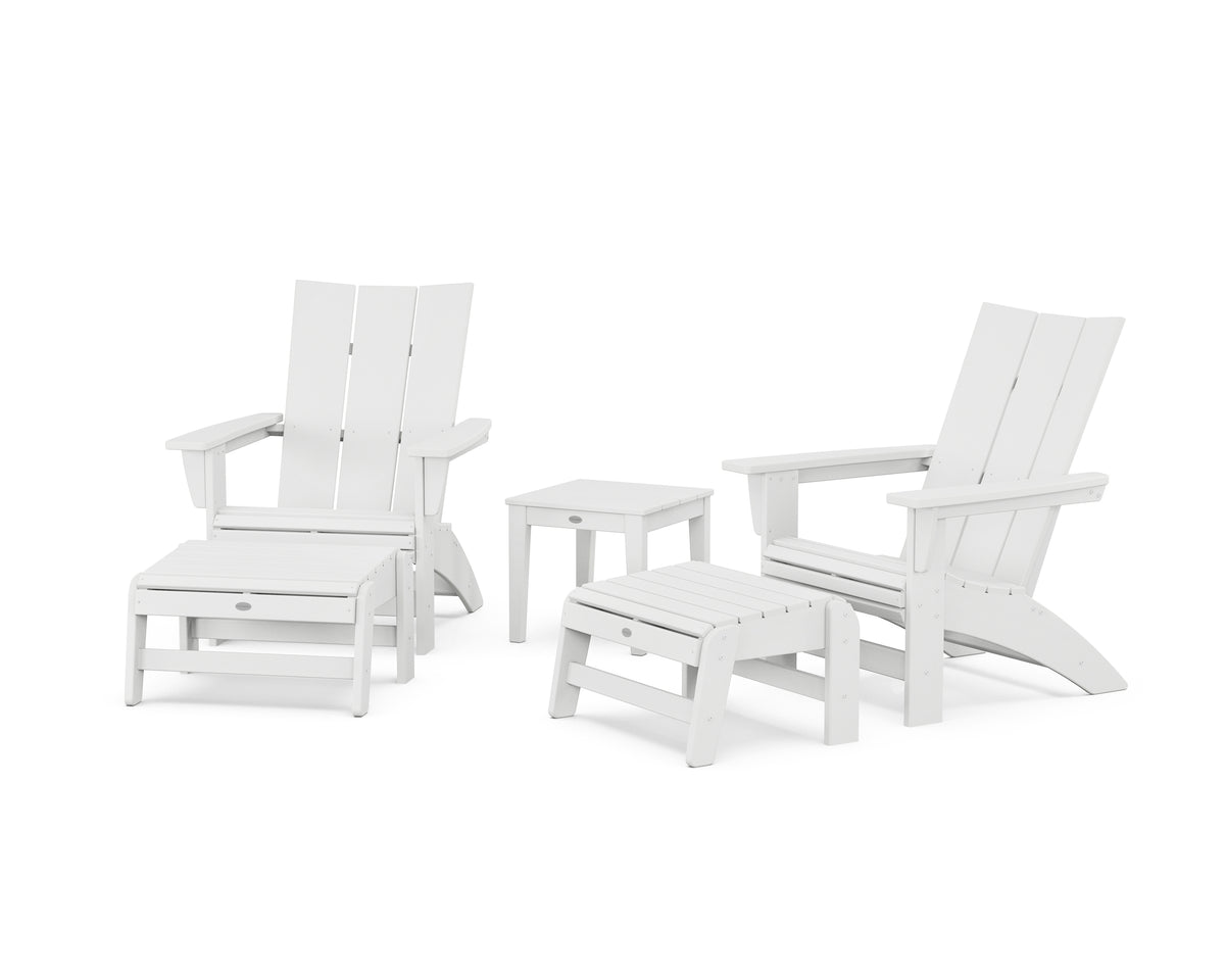 POLYWOOD 5-Piece Modern Grand Adirondack Set with Ottomans and Side Table in White