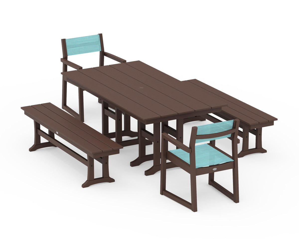 POLYWOOD EDGE Sling Arm Chair 5-Piece Farmhouse Dining Set with Benches in Mahogany / Dupioni Aquamarine