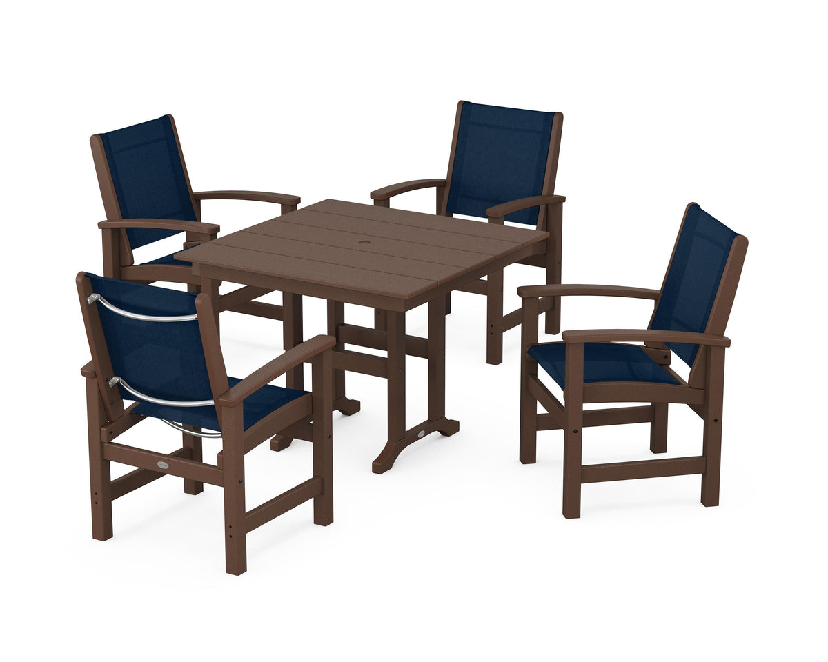 POLYWOOD Coastal 5-Piece Farmhouse Dining Set with Farmhouse 37" Dining Table in Mahogany / Navy Blue