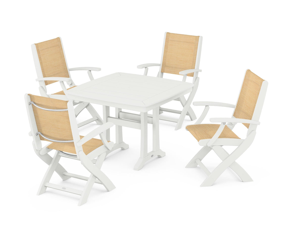 POLYWOOD Coastal Folding Chair 5-Piece Dining Set with Trestle Legs in Vintage White / Dupioni Apricot