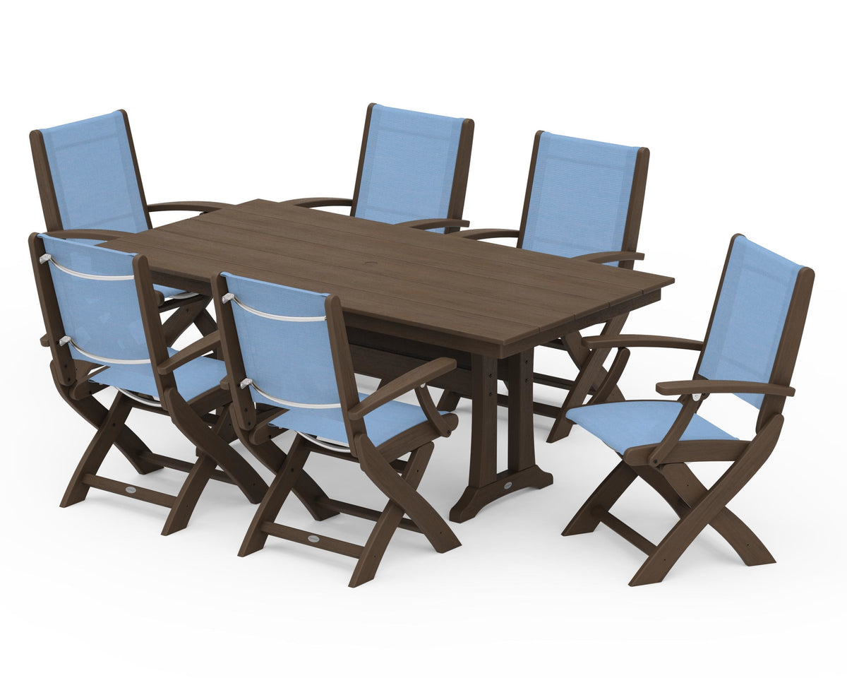POLYWOOD Coastal Folding Arm Chair 7-Piece Farmhouse Dining Set with Trestle Legs in Kona / Poolside