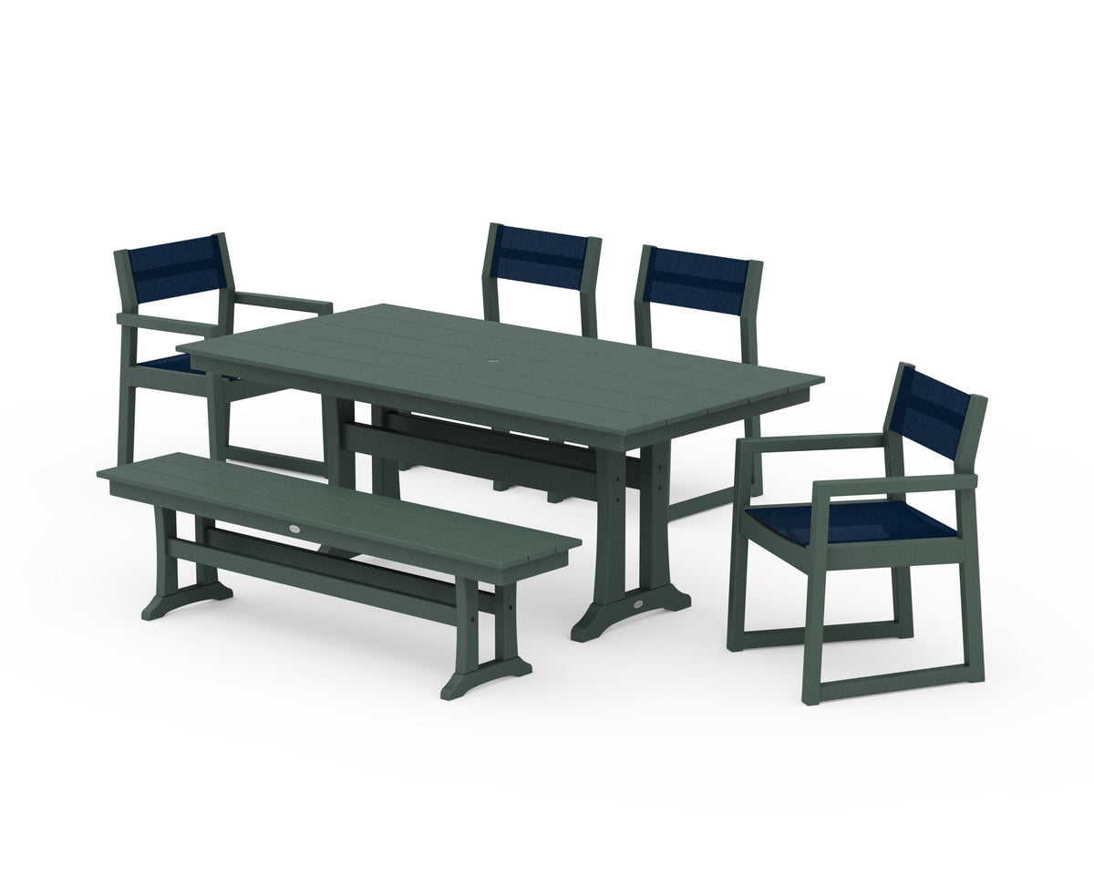 POLYWOOD EDGE Sling 6-Piece Farmhouse Dining Set With Trestle Legs in Green / Navy Blue