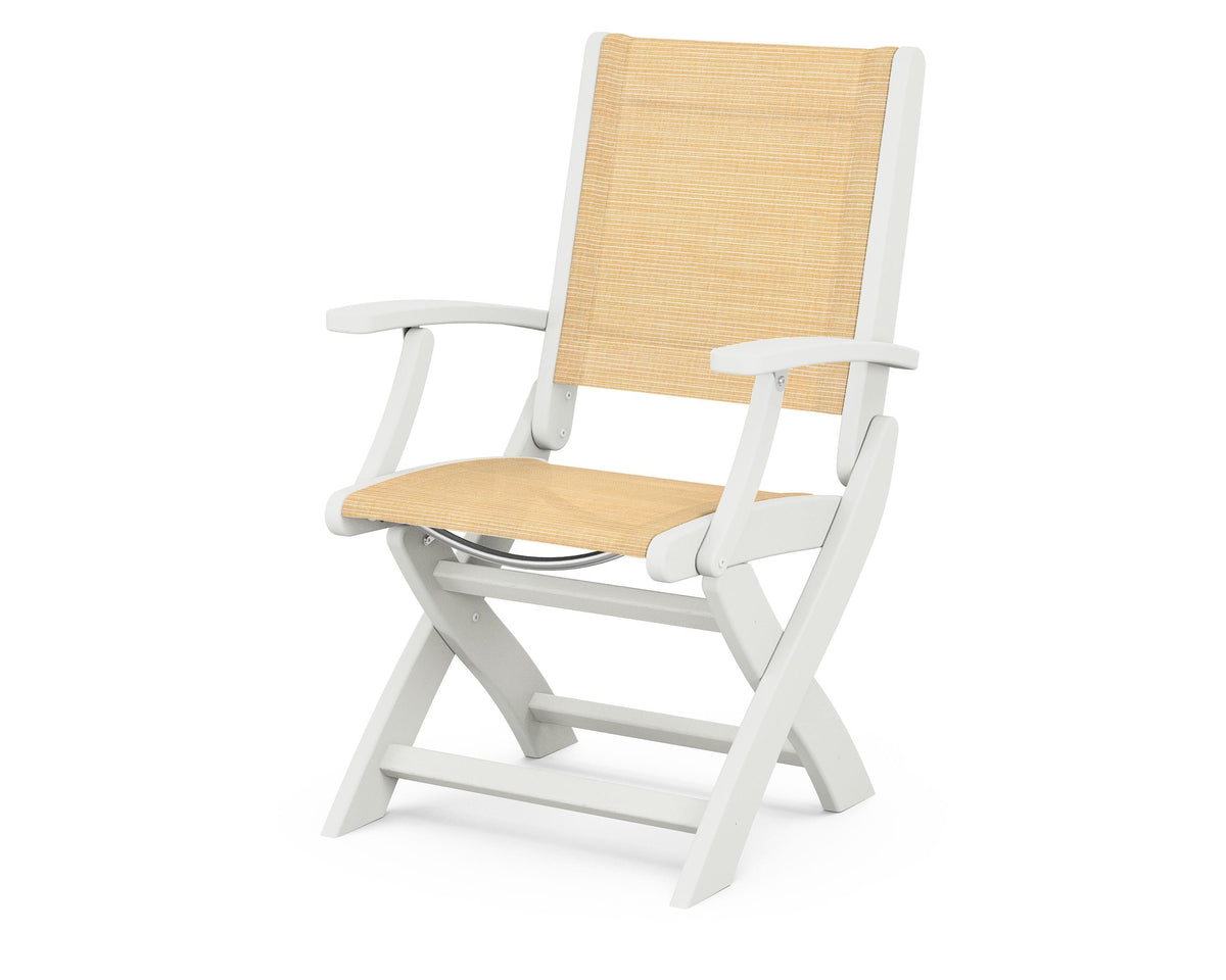 POLYWOOD Coastal Folding Chair in Vintage White with Vintage White arms and Dupioni Apricot sling