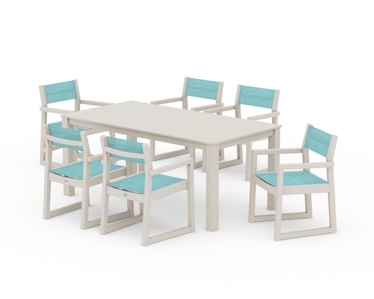 POLYWOOD EDGE Sling Arm Chair 7-Piece Parsons Dining Set in Sand / Dupioni Aquamarine