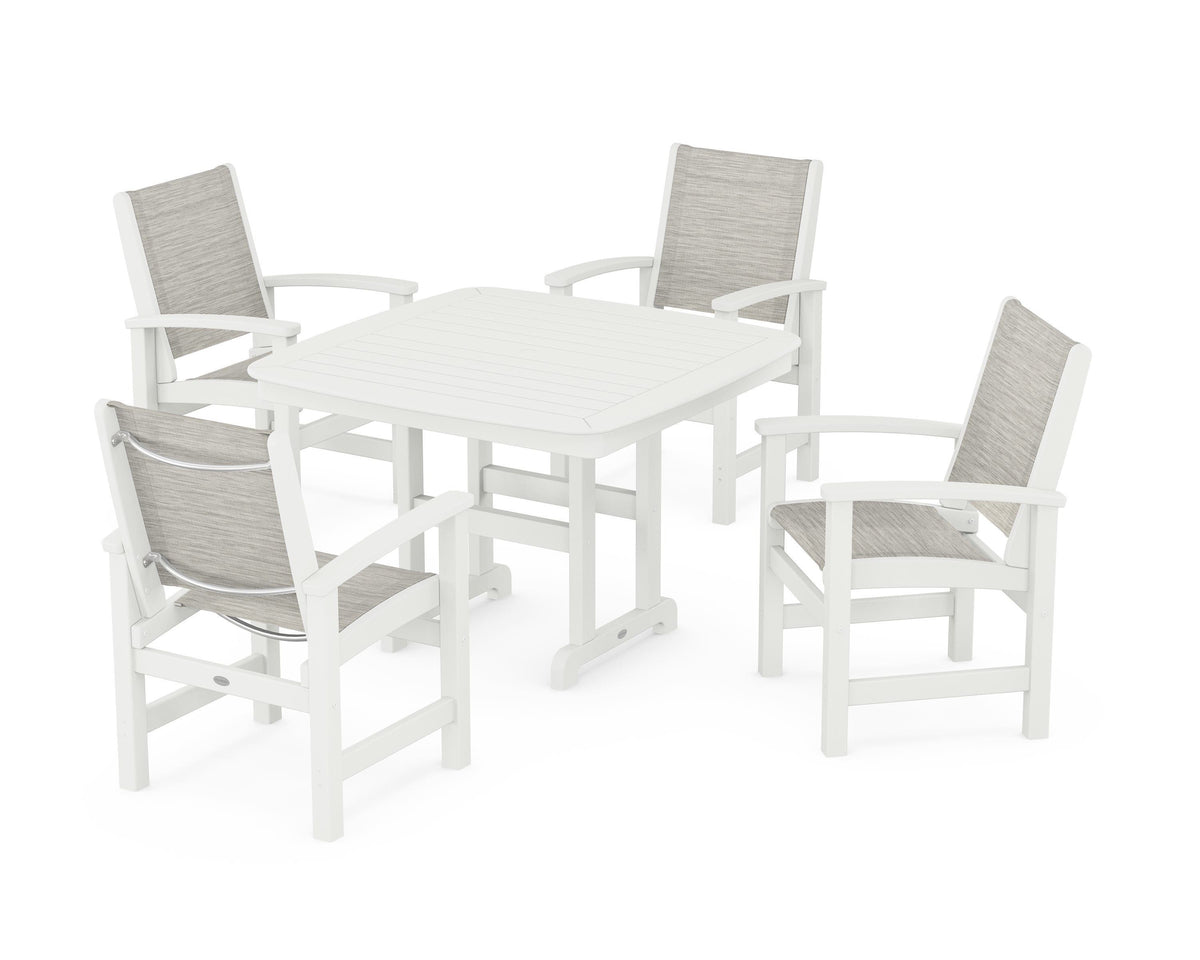 POLYWOOD Coastal 5-Piece Dining Set with Nautical 44" Dining Table in Vintage White / Birch