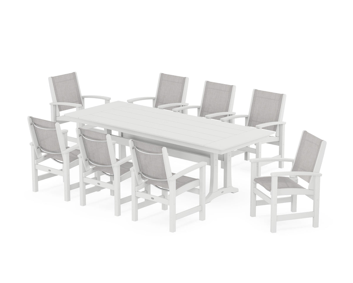 POLYWOOD Coastal 9-Piece Farmhouse Dining Set with Trestle Legs in White / Parchment