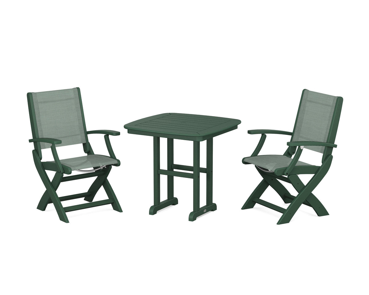 POLYWOOD Coastal Folding Chair 3-Piece Dining Set in Green / Dupioni Sea Mist
