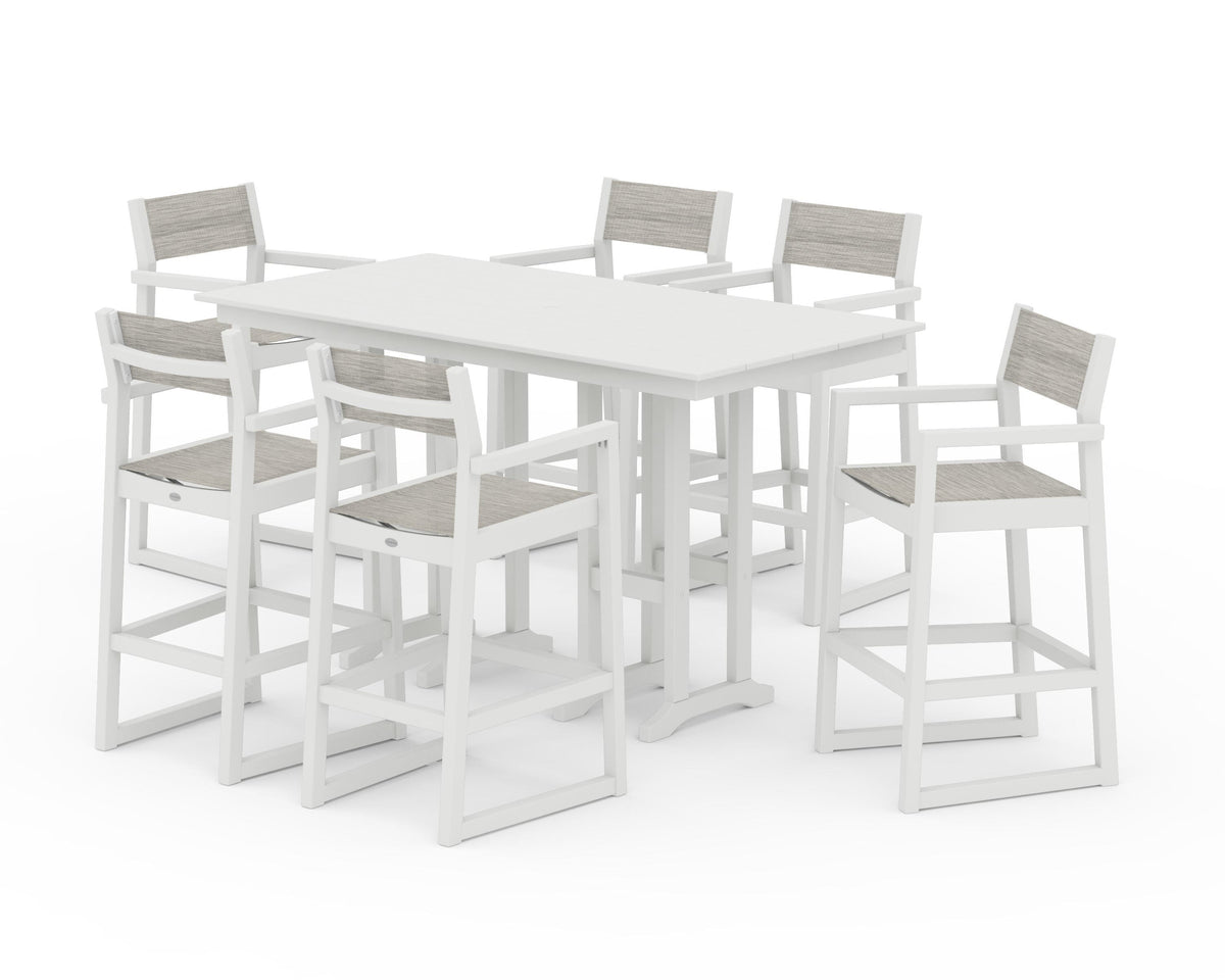 POLYWOOD EDGE Sling Arm Chair 7-Piece Farmhouse Bar Set in Vintage White / Birch