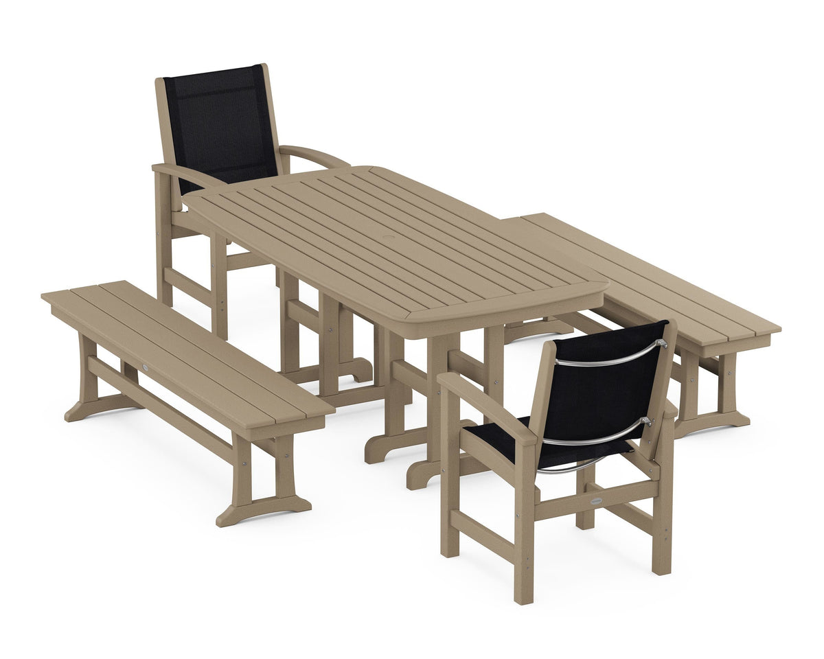 POLYWOOD Coastal 5-Piece Dining Set with Nautical 37" x 72" Dining Table in Vintage Sahara / Black