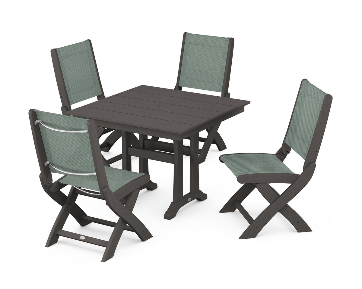 POLYWOOD Coastal Folding Side Chair 5-Piece Farmhouse Dining Set With Trestle Legs in Vintage Coffee / Dupioni Sea Mist
