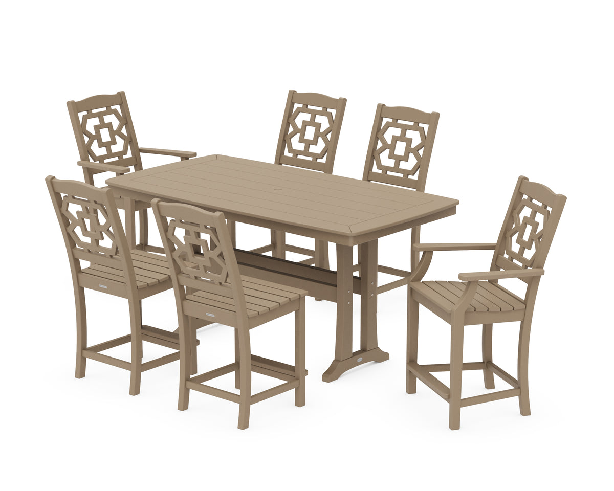 POLYWOOD Chinoiserie 7-Piece Counter Set with Trestle Legs in Vintage Sahara