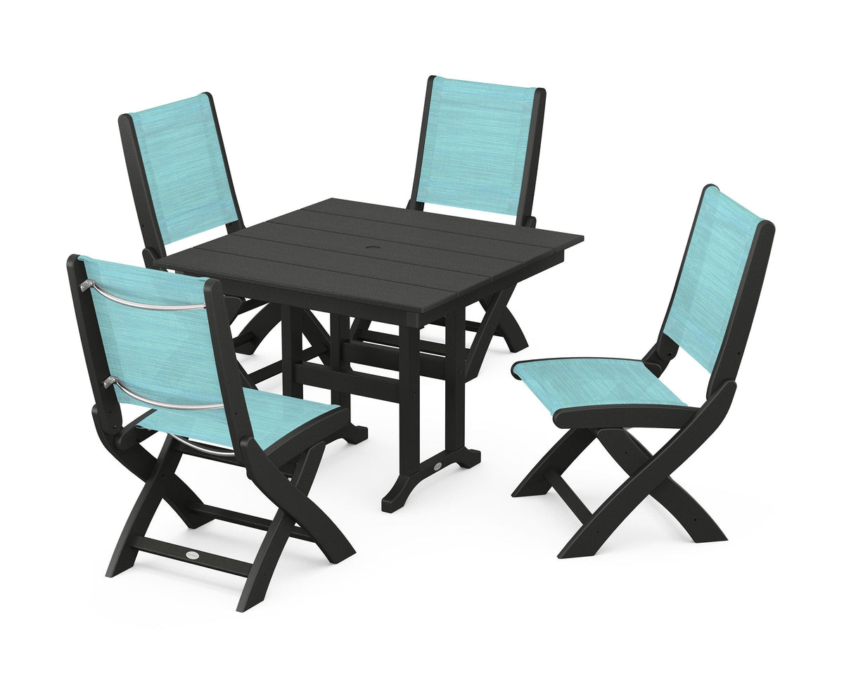 POLYWOOD Coastal Folding Side Chair 5-Piece Farmhouse Dining Set in Black / Dupioni Aquamarine