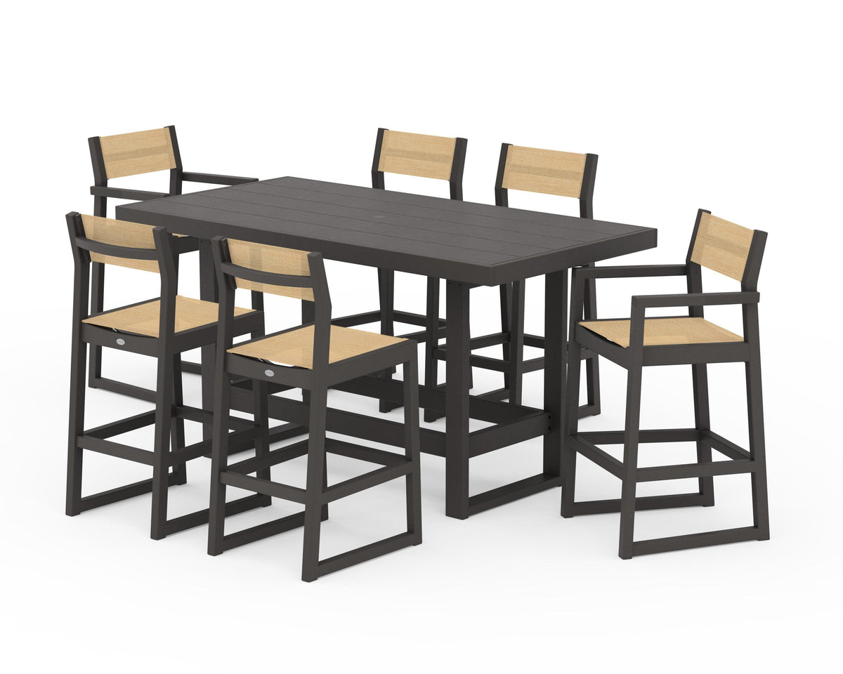 POLYWOOD EDGE Sling 7-Piece Bar Table Set in Vintage Coffee / Dupioni Apricot