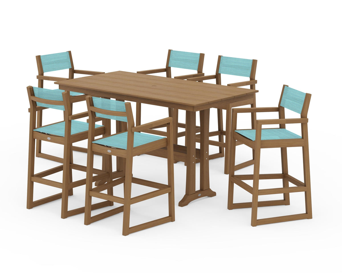 POLYWOOD EDGE Sling Arm Chair 7-Piece Farmhouse Bar Set with Trestle Legs in Natural / Dupioni Aquamarine