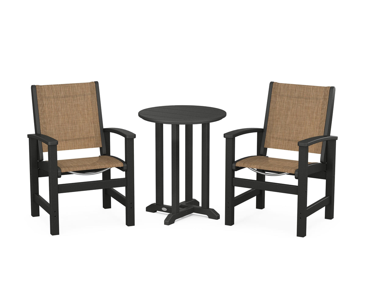 POLYWOOD Coastal 3-Piece Round Bistro Dining Set in Black / Burlap