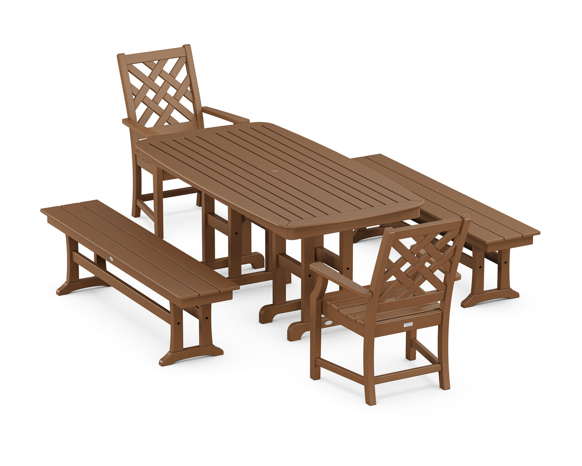 POLYWOOD Wovendale 5-Piece Dining Set with Benches in Teak