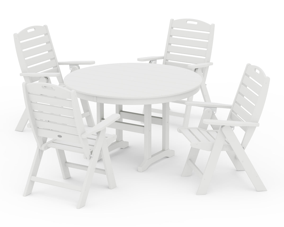 POLYWOOD Nautical Folding Chair 5-Piece Round Farmhouse Dining Set in White