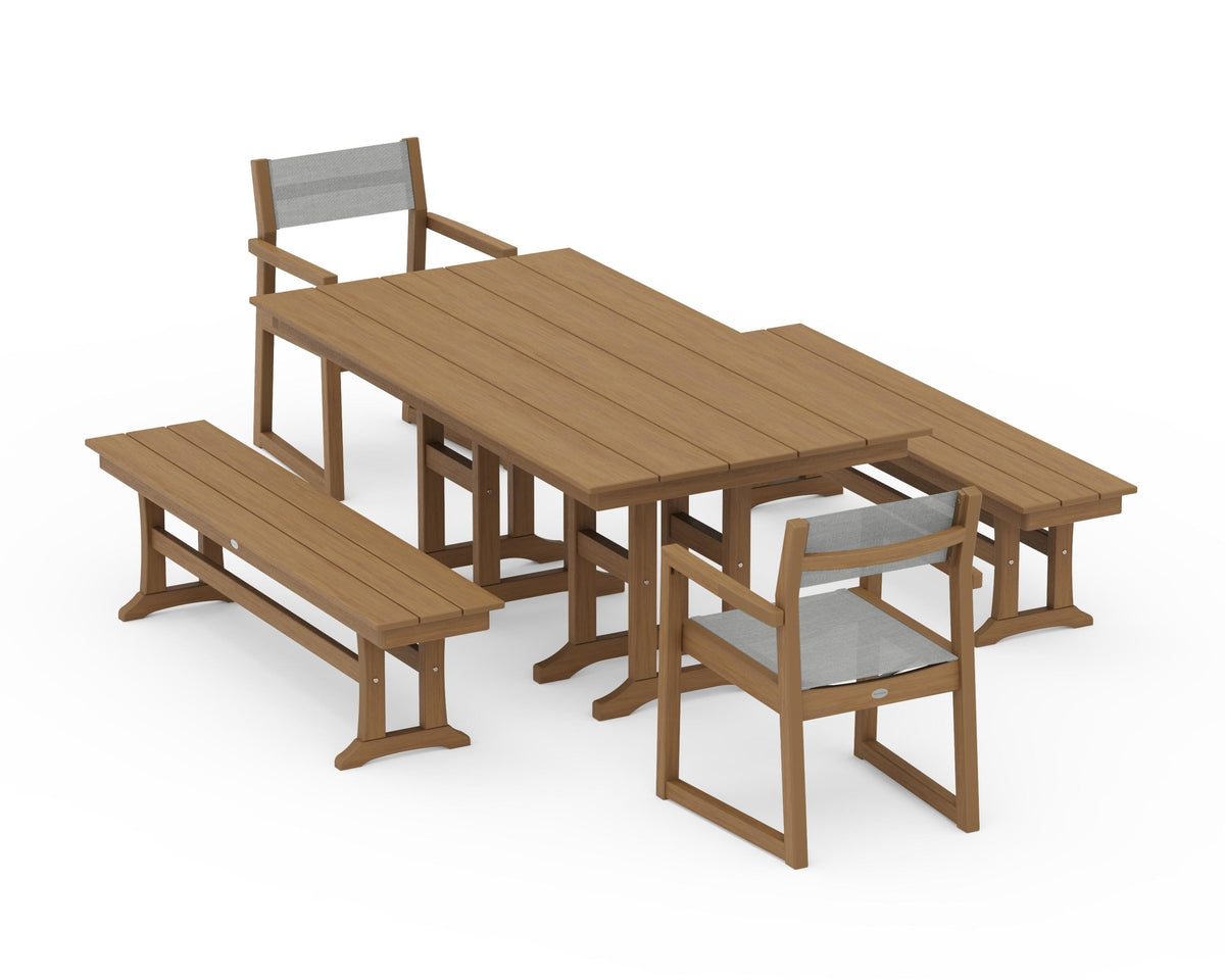 POLYWOOD EDGE Sling Arm Chair 5-Piece Farmhouse Dining Set with Benches in Natural / Metallic