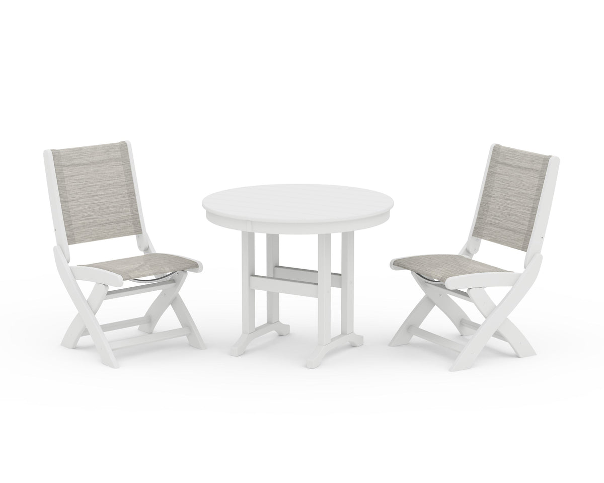 POLYWOOD Coastal Folding Side Chair 3-Piece Round Dining Set in White / Birch