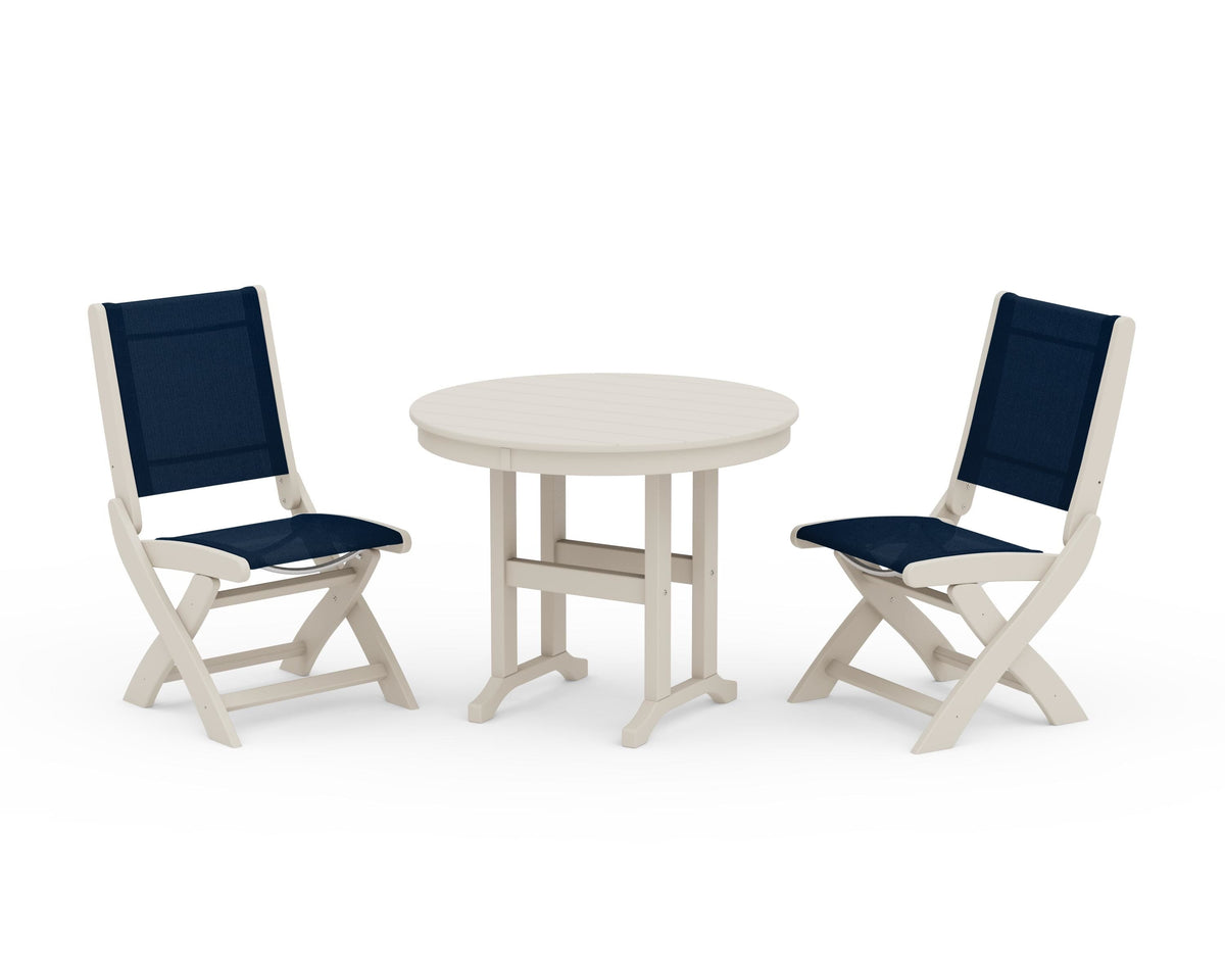 POLYWOOD Coastal Folding Side Chair 3-Piece Round Dining Set in Sand / Navy Blue