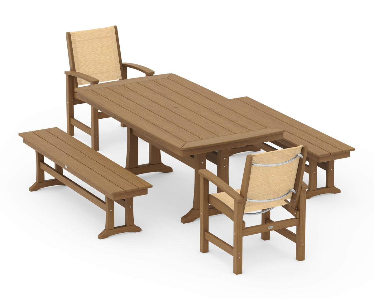 POLYWOOD Coastal 5-Piece Dining Set with Trestle Legs and Benches in Natural / Dupioni Apricot