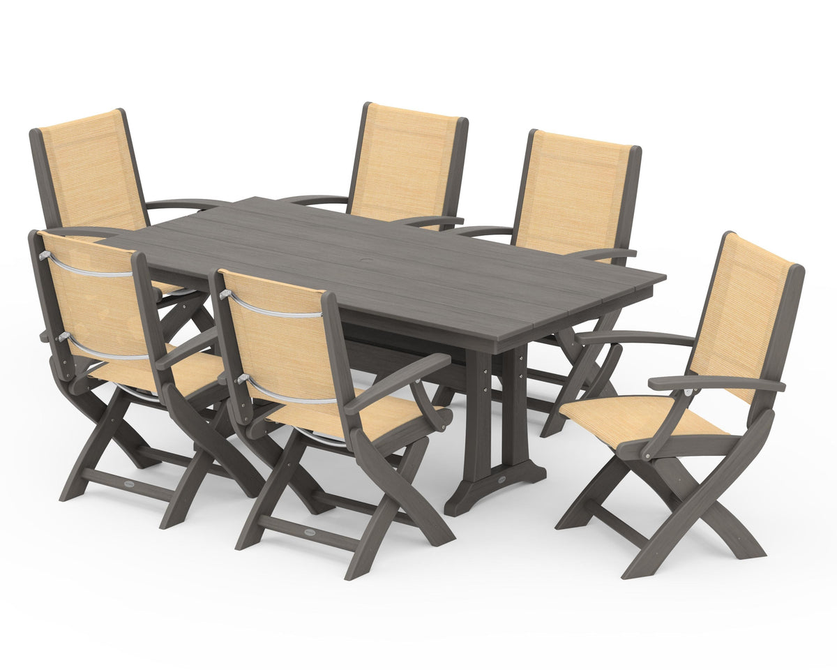 POLYWOOD Coastal Folding Arm Chair 7-Piece Farmhouse Dining Set with Trestle Legs in Driftwood / Dupioni Apricot